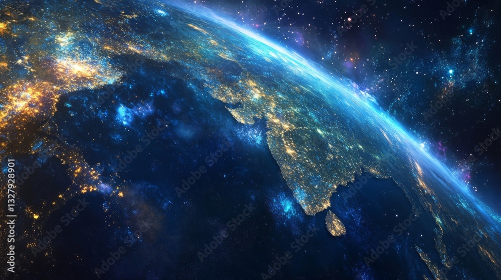 Obraz premium Earth at Night Glowing City Lights and Starry Space Background