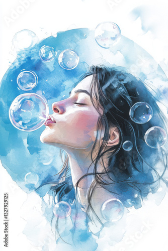 A woman with flowing hair is surrounded by bubbles in a dreamy, watercolor-themed artwork, evoking a sense of tranquility and imagination.