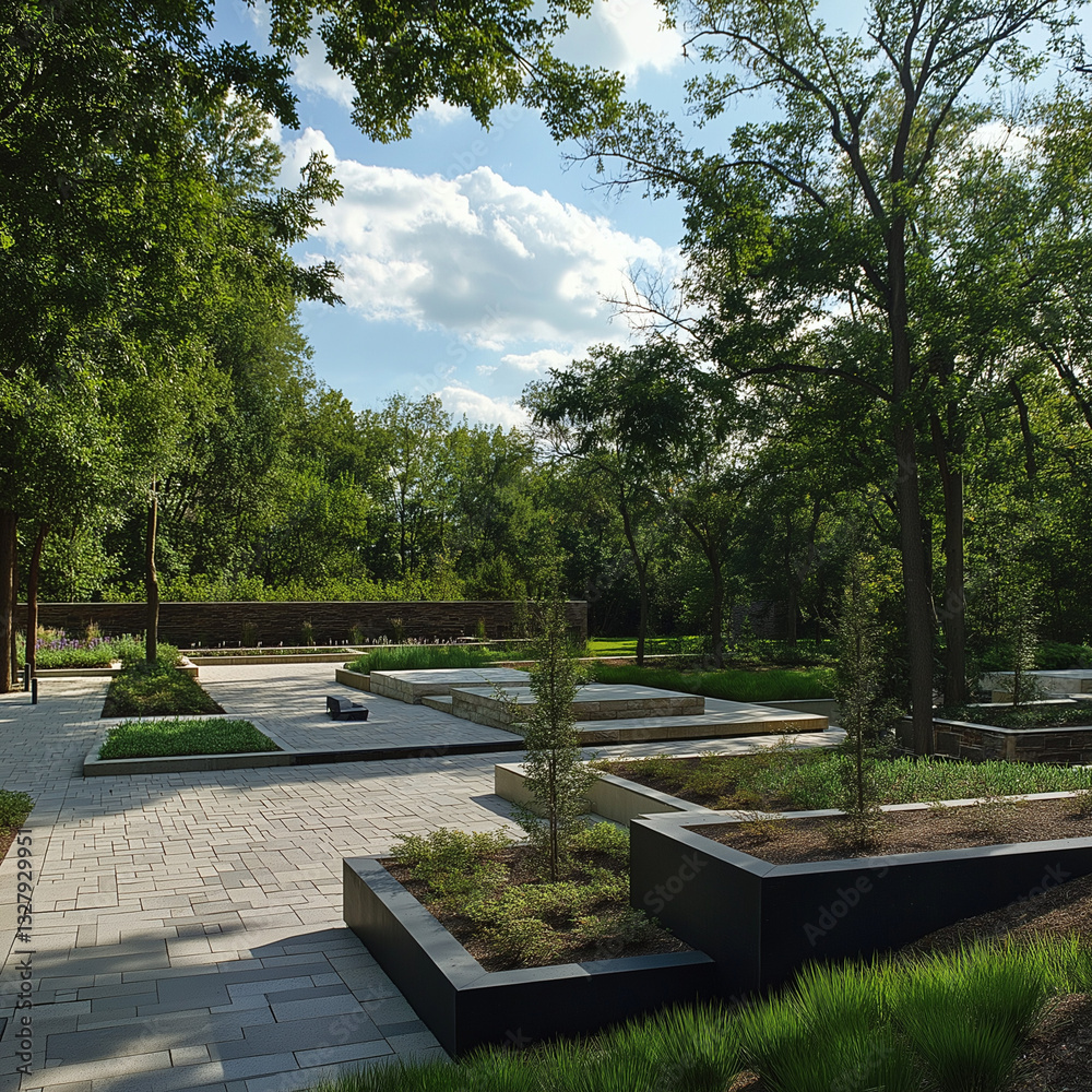 Fototapeta premium Serene garden landscape design with meticulously placed plants and stone pathways.