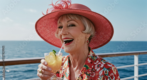  woman 60 year old with a vibrant floral dress and a large pink hat smiles happily while sipping a cocktail on the deck of a cruise ship