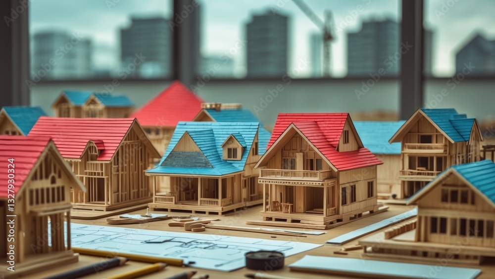 Selective focus on a wooden model of a house. Home architecture and construction. Architect's design working drawing sketch model houses, work tools. Selective focus on a wooden model of a house. Home architecture and construction. Architect's design working drawing sketch model houses, work tools.