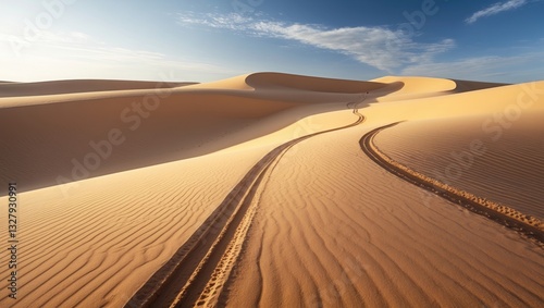 Sand dunes featuring wheel ruts and patterns in the sand, vertical orientation. photo
