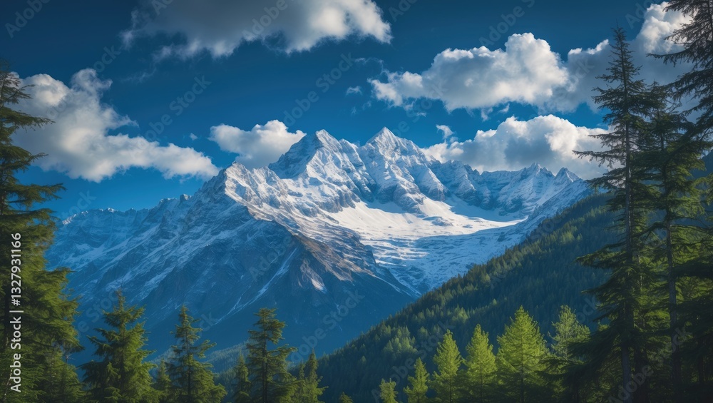 Fototapeta premium Scenic vista of snowy peaks alongside evergreen forest