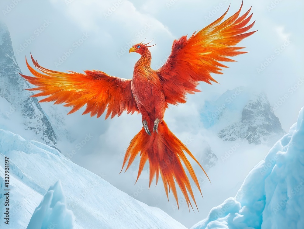 Fototapeta phoenix, mountains, snow, fiery, flight, mystical