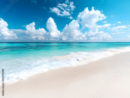Walking on White Sandy Beach with Turquoise Ocean Under Cloudy Blue Sky