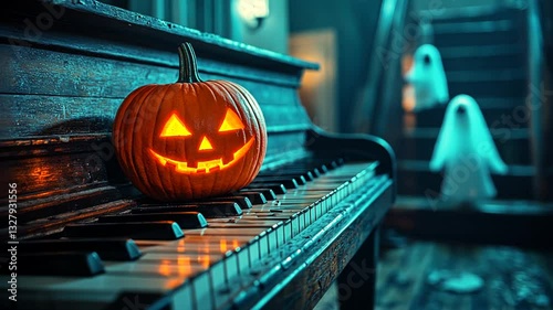 Eerie Halloween Night: Glowing Pumpkin on Piano with Ghostly Figures in the Background photo