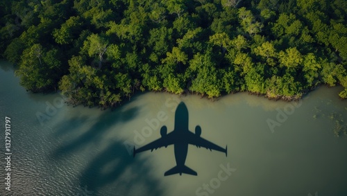 Shadow of an airplane gliding over a mangrove forest.