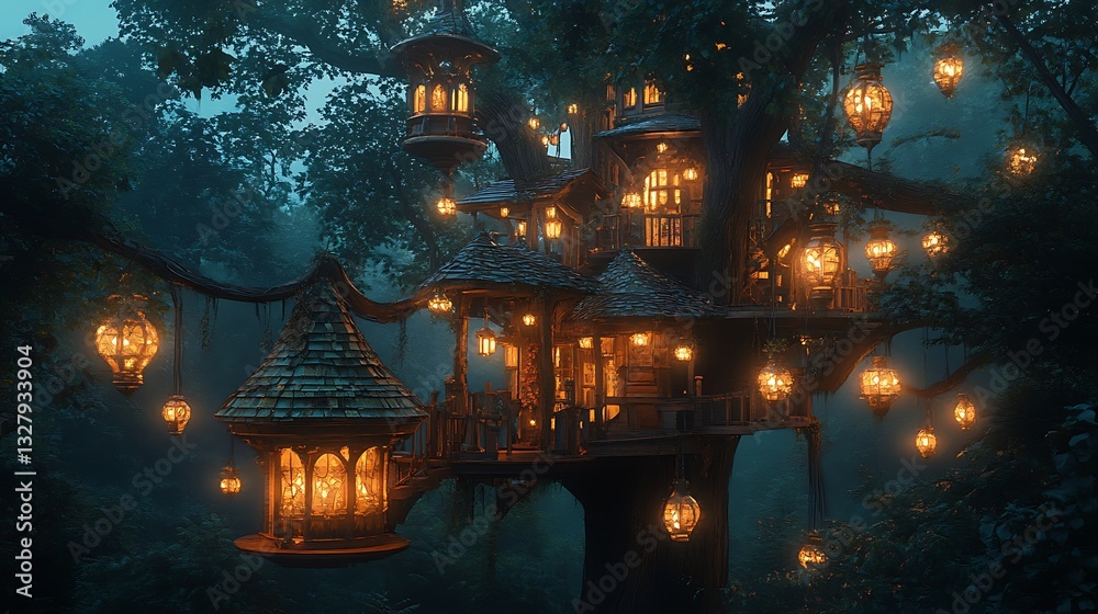 Whimsical Treehouse with Glowing Lanterns in a Mysterious Forest Setting Whimsical Treehouse with Glowing Lanterns in a Mysterious Forest Setting
