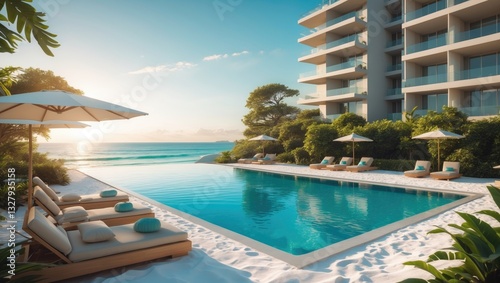 Fototapeta Naklejka Na Ścianę i Meble -  Empty swimming pool with sunbeds and a white umbrella for leisure vacation and white sand, close to the sea and beach in summer.