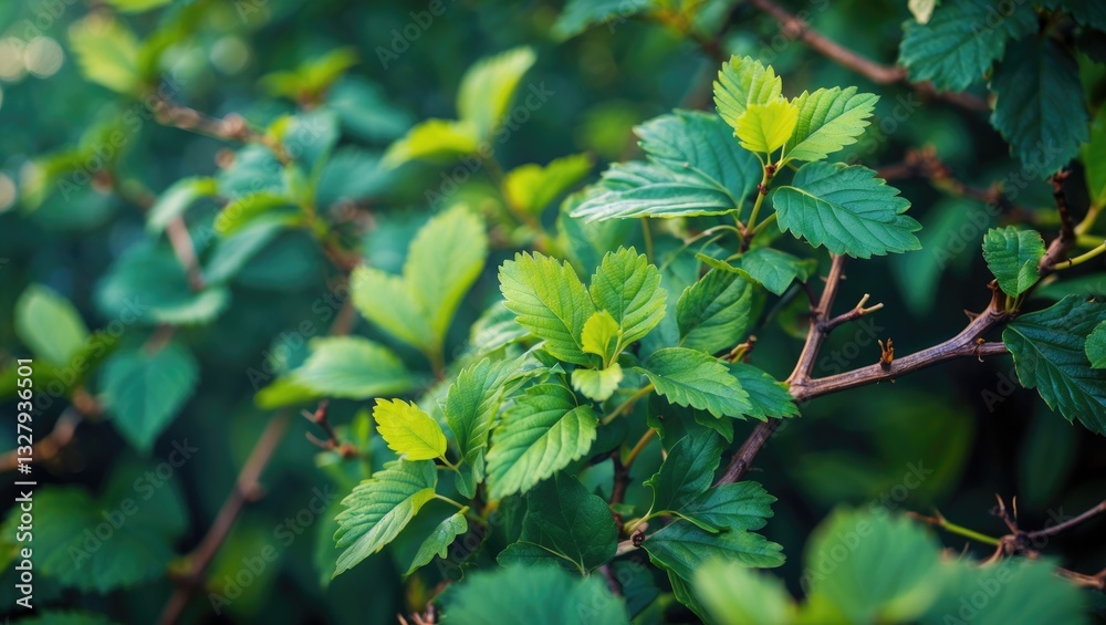 Young vibrant green leaves and thorny branches of blackberry plants. Gardening aimed at cultivating fruits for a balanced diet rich in vitamins and nutrients. Young vibrant green leaves and thorny branches of blackberry plants. Gardening aimed at cultivating fruits for a balanced diet rich in vitamins and nutrients.