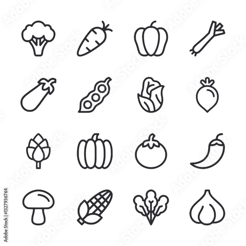 A set of vegetable icons in black and white