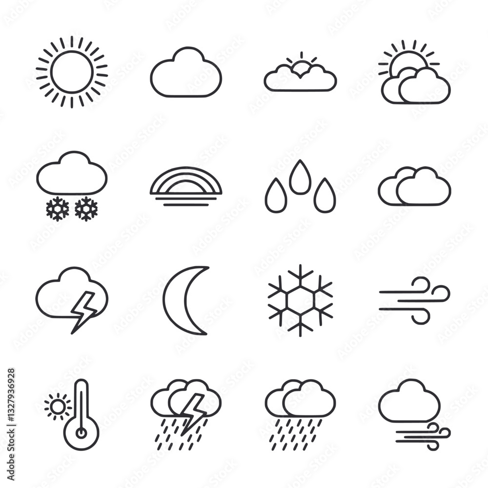 Fototapeta premium A set of weather icons including rain, snow, and wind