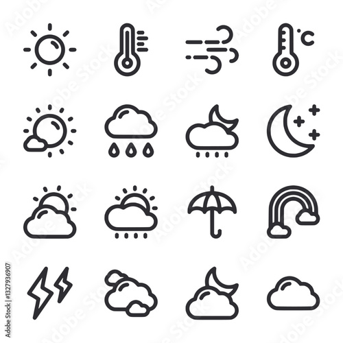 A set of weather icons including rain, sun, clouds, and a rainbow