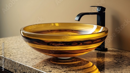 Golden Greek glass bowl vessel bathroom sink and faucet set in antique rubbed bronze finish on granite countertop, beige walls. Close-up of bath fixture. Horizontal. High-quality image.
