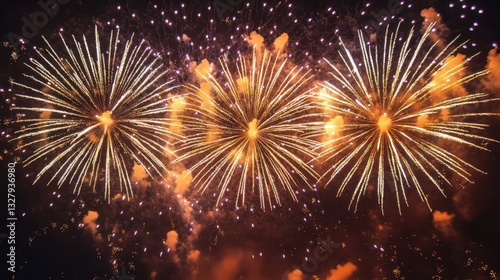 Three brilliant golden fireworks illuminating the dark night sky above photo