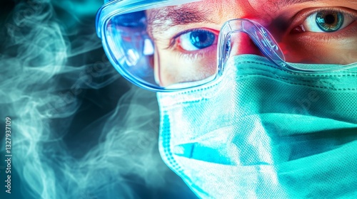 Doctor in Mask and Goggles Looks Forward in Lab with Smoke Background