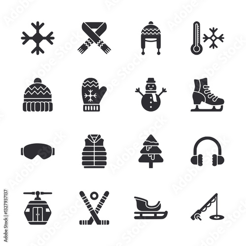 A set of winter icons including a hat, gloves, and a snowman