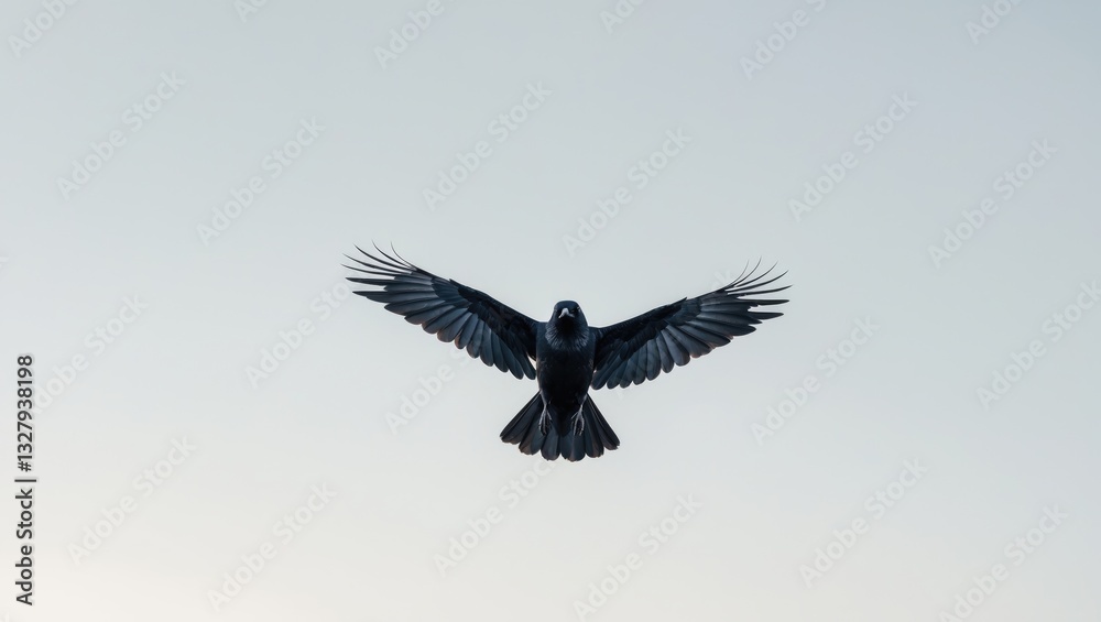 Naklejka premium Flying crows high-resolution texture for design projects - abstract photo texture of real crows against a white sky background, suitable for adding and editing as a background layer in multiply mode.