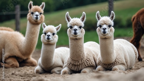 Alpacas resting on a hill photo