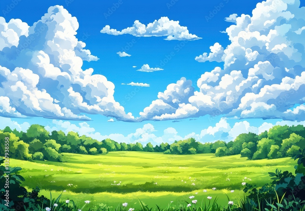 Fototapeta premium Serene Landscape with Lush Green Meadow and Fluffy White Clouds Under Bright Blue Sky in Tranquil Nature Scene Perfect for Relaxation and Peaceful Vibes