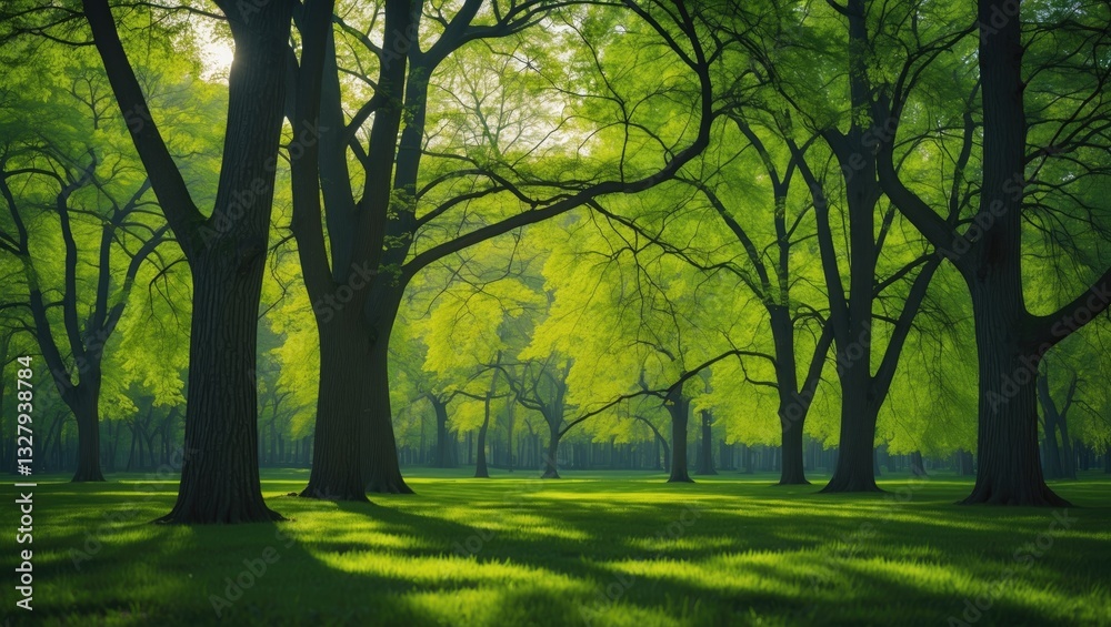 Deciduous trees in the park on a sunny day, with trees flourishing in the park during springtime. Deciduous trees in the park on a sunny day, with trees flourishing in the park during springtime.