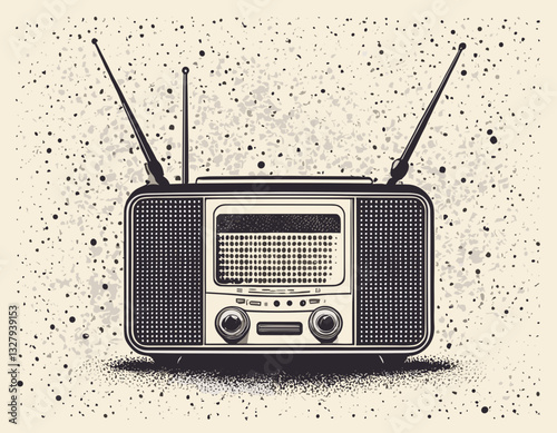 Trendy halftone stipple element with photocopy effect. Retro musical receiver, vintage radio station with antenna. Grunge punk dotted sticker for collage, vector illustration for poster, print, banner
