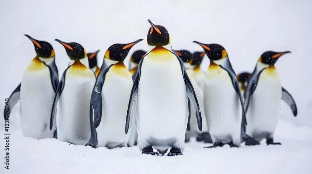 Obraz premium A Close Formation Of Penguins Staring Upward In The Snowy Scene