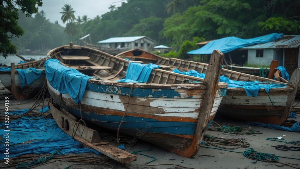 An old wooden fishing boat repurposed as a home for locals. An old wooden fishing boat repurposed as a home for locals.