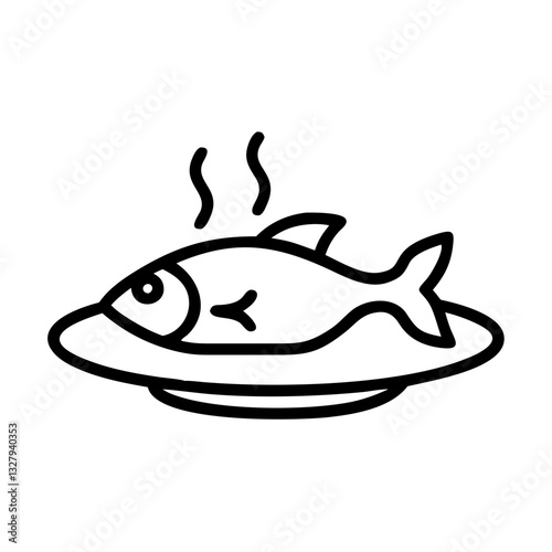 Cooked fish served on  plate presented as a thin line vector icon with a transparent background