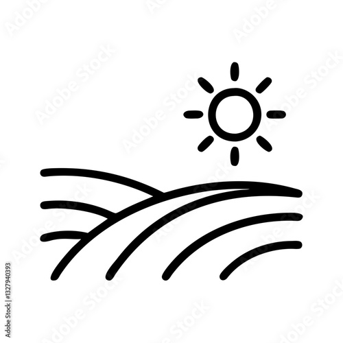 Minimalist line icon representing rural field with sun illuminating the landscape in clear and simple design