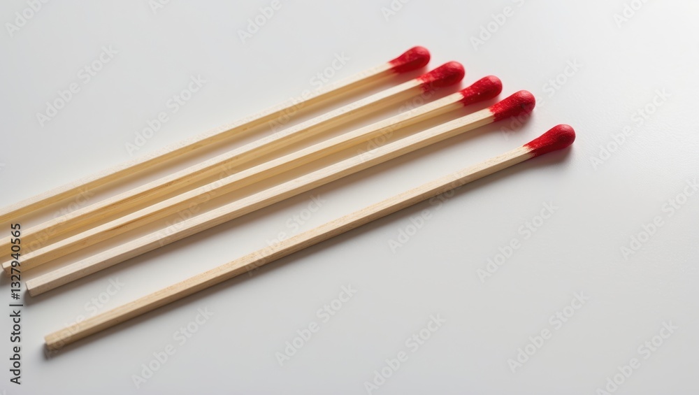 A collection of four new, unused wood matchsticks with red heads at the tip for igniting a fire, isolated against a white background. A collection of four new, unused wood matchsticks with red heads at the tip for igniting a fire, isolated against a white background.