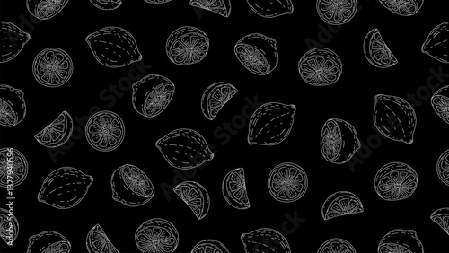 Lemon sketch background. Hand drawn lemon seamless pattern. Lemon motif on black board
