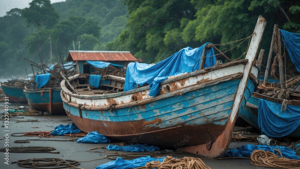 An aged wooden fishing boat, now serving as a residence for locals. An aged wooden fishing boat, now serving as a residence for locals.