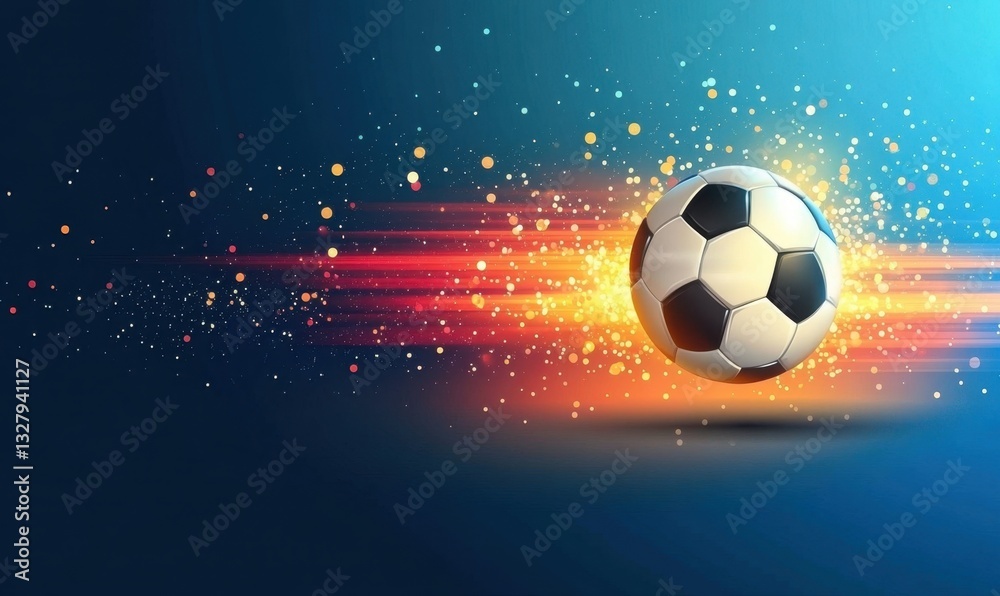 Naklejka premium Soccer ball speeding through sparkling light trails, ideal for sports ads