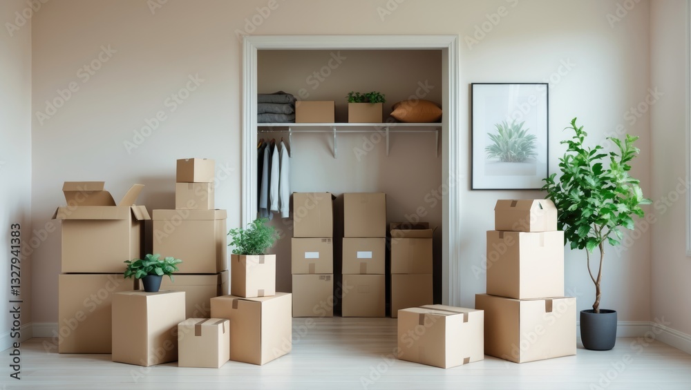 A large number of cardboard boxes filled with items to move. Wall and closet in an unoccupied apartment. Copy space. A large number of cardboard boxes filled with items to move. Wall and closet in an unoccupied apartment. Copy space.