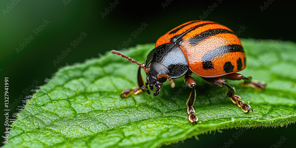 Fototapeta premium Colorado potato beetle on a leaf of a potato plant. Sustainable pest control methods