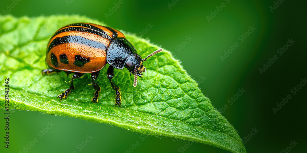 Fototapeta premium Colorado potato beetle on a leaf of a potato plant. Sustainable pest control methods