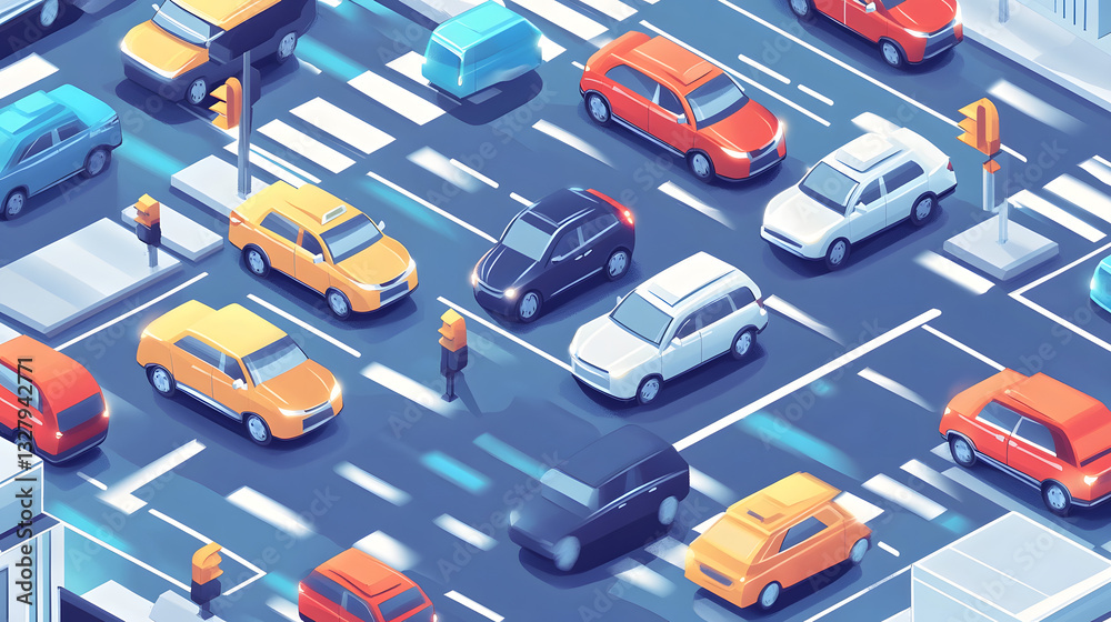 Fototapeta premium Illustration of Smart Cars Driving in City Traffic at Crossroad