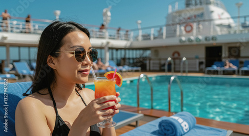 A young woman in sunglasses enjoys a colorful drink while lounging poolside aboard a cruise ship