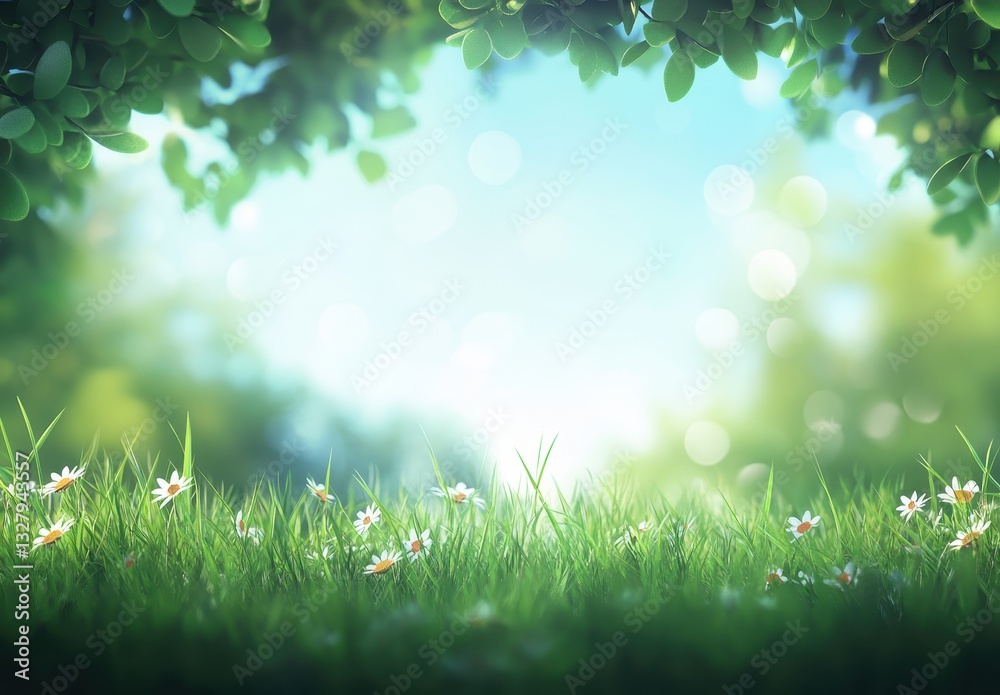 Obraz premium Serene Natural Landscape with Lush Green Grass, Delicate Wildflowers, and Soft Light Filtering Through Gentle Leaves in an Ethereal Atmosphere