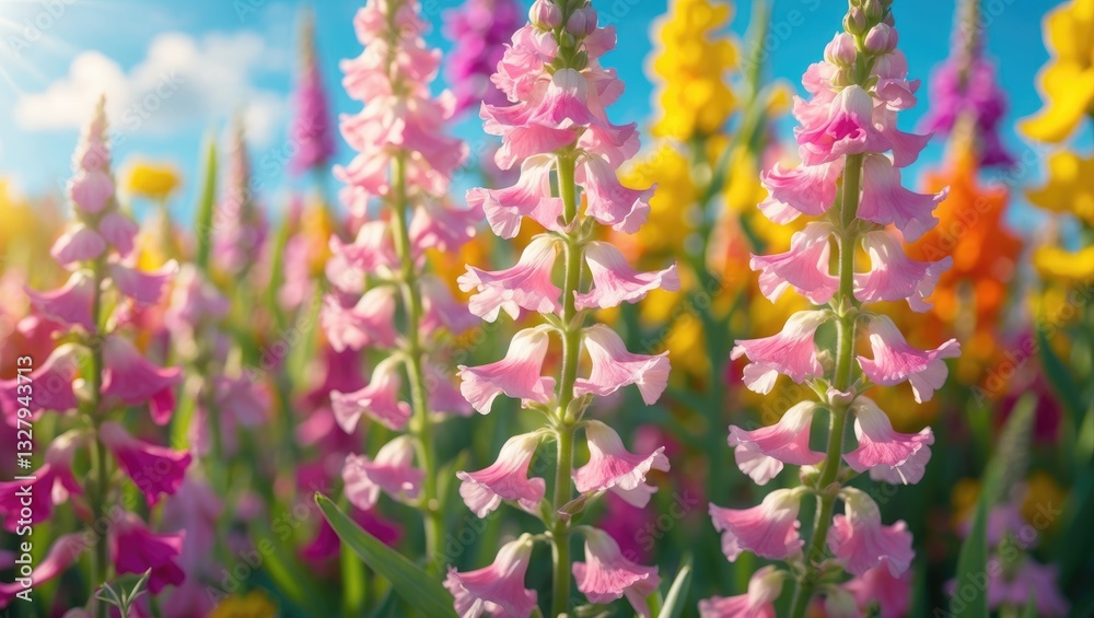 Obraz premium A close-up view of blooming pink snapdragon flowers thriving in a vibrant flower field under a sunny blue sky.