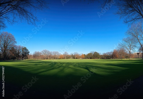 Serene Open Green Space Under Clear Blue Sky Surrounded by Leafless Trees and Shadows in Early Autumn Landscape