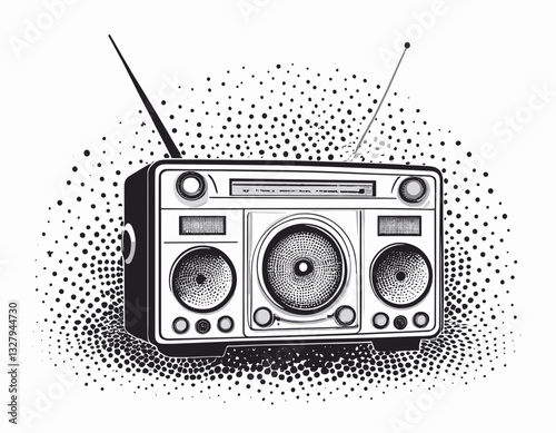 Trendy halftone stipple element with photocopy effect. Retro musical receiver, vintage radio station with antenna. Grunge punk dotted sticker for collage, vector illustration for poster, print, banner