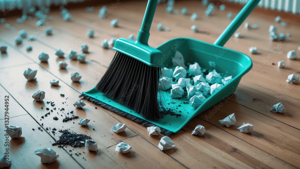 A broom that gathers trash from paper into a dustpan on a wooden floor. The idea of cleaning the premises.