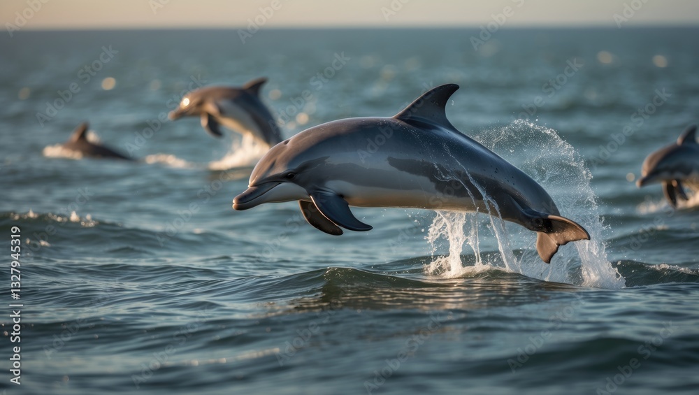 Fototapeta premium A group of dolphins jumping and surfacing in the Strait.