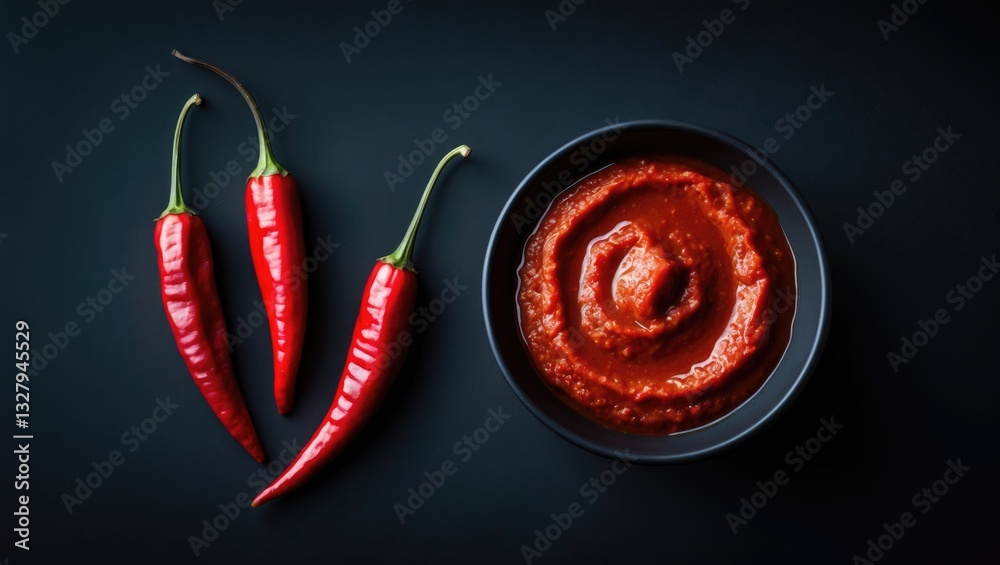 Adjika on a dark background. Spicy chili pepper harissa sauce. Homemade rose harissa served in a bowl.