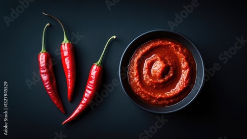 Obraz na płótnie Adjika on a dark background. Spicy chili pepper harissa sauce. Homemade rose harissa served in a bowl. w salonie