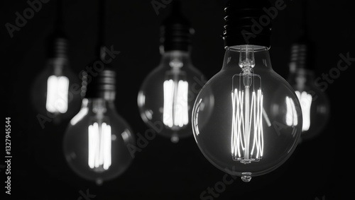 Monochrome depiction of an illuminated light bulb, with selective focus on the filament, representing the concept of enlightenment. photo