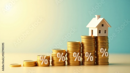 Stacked coins reflecting an upward trend alongside interest rates and a house model in the background. Addressing recession and inflation challenges by raising interest rates impacting homebuyers. ...
