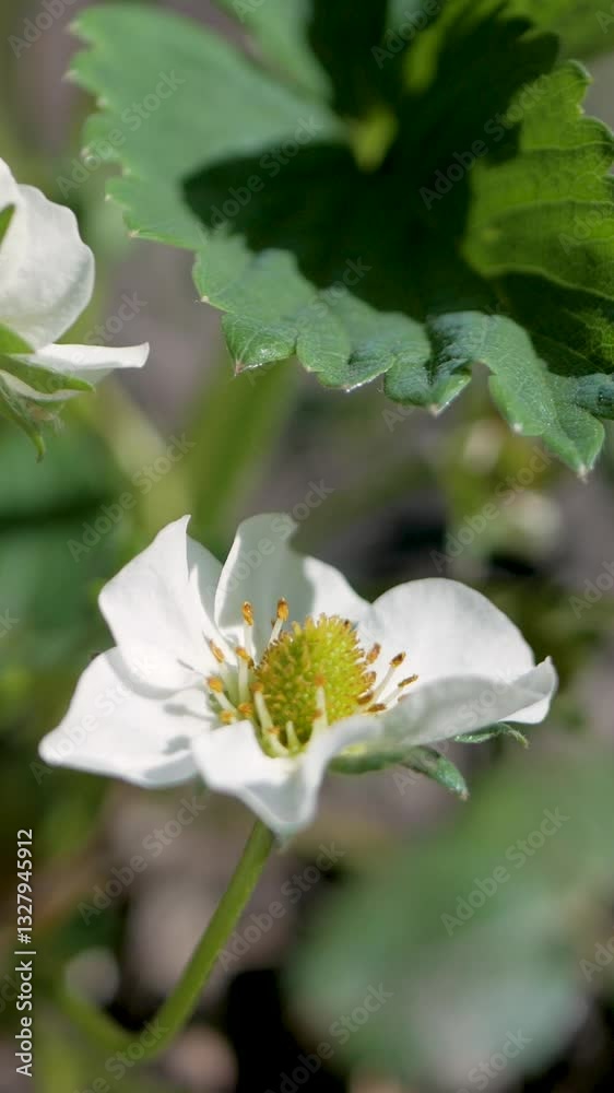 Strawberry flower with white petals, green leaves, and yellow center. Early phase of garden growth, marking the beginning of fruit development and leading to strawberries soon to be harvested